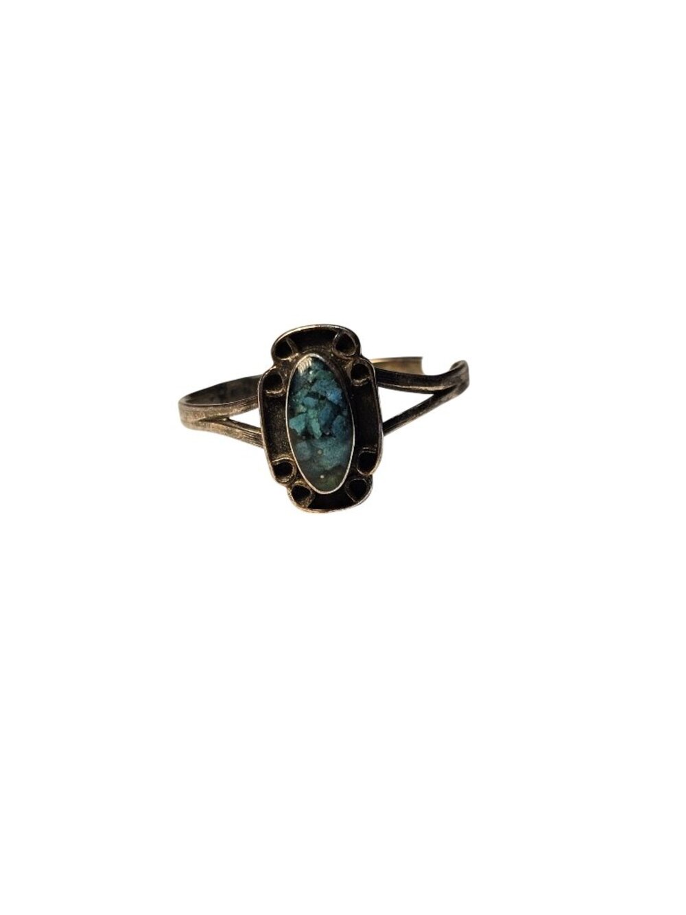 (728) Vintage Sterling Silver Oval Ring Crushed Green Stone Tarnished Size 8
